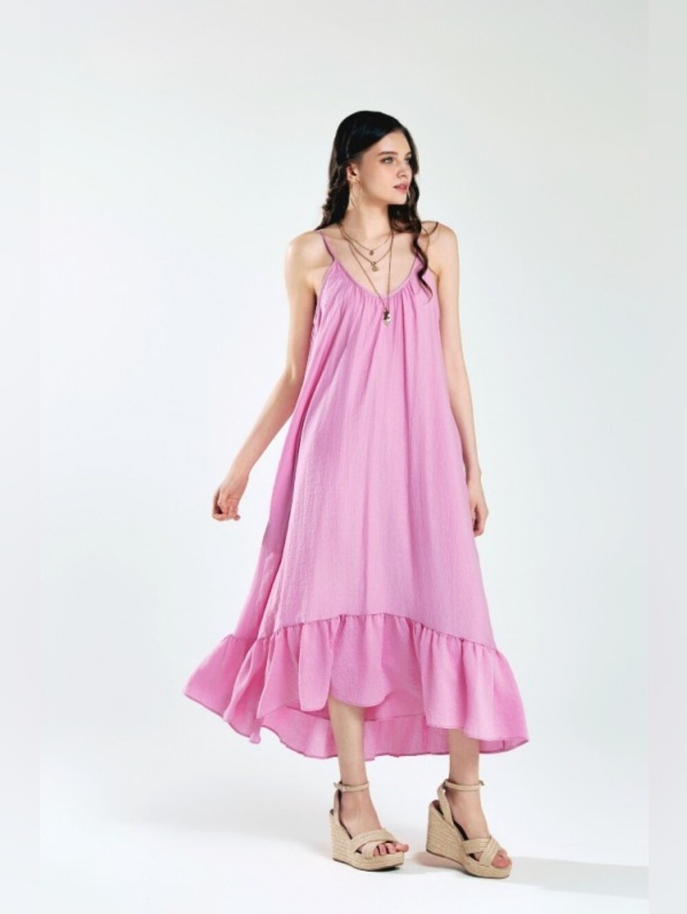 A5-0609 Pink Spaghetti-Strap Ruffle-Hem Maxi Dress